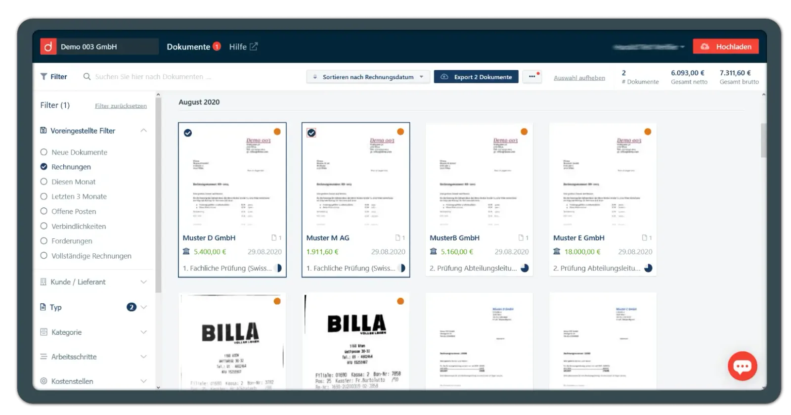 Digitale Belegübersicht im Dokumentenarchiv